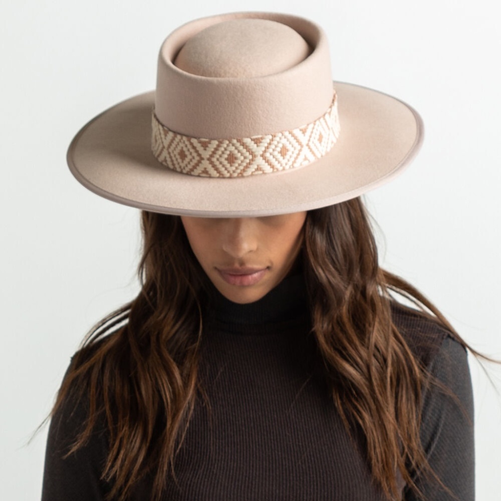 OLIVE & PIQUE Ella Printed Blush Tan Tribal Trim Womens Gambler Wool Hat